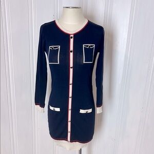 100 % Silk Navy Twig Mini Dress with Red & White Trim